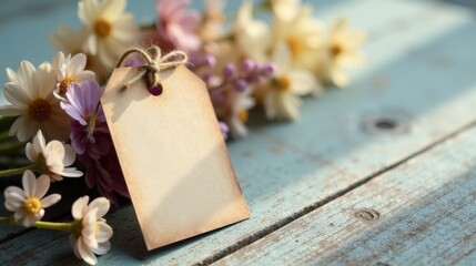 Rustic Blank Tag Adorned with Delicate Spring Flowers Resting on Weathered Wooden Surface