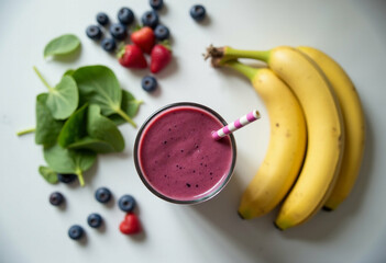 Berry Smoothie with Straw and Banana on White Table