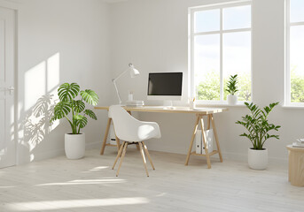 Scandinavian Home Office with Wooden Desk and Natural Light