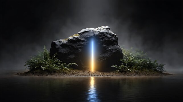 Enchanted neon light from below the water shines through a smoky surface, surrounded by spectral fog and soft flares under a black, starless sky. - Powered by Adobe