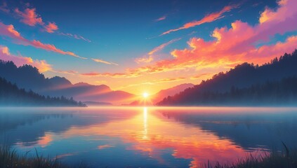 Fototapeta premium Illustration of a Scenic Lake Surrounded by Mountains in the Glow of Sunset
