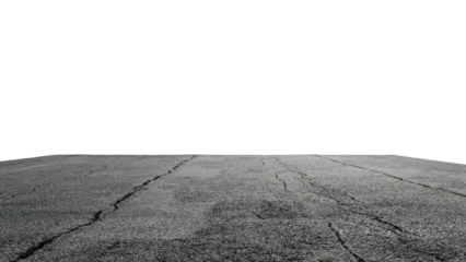 A low-angle, monochrome shot of a cracked asphalt surface extending to a dark horizon.  The texture is rough, showing significant wear and tear, with subtle variations in grayscale. 