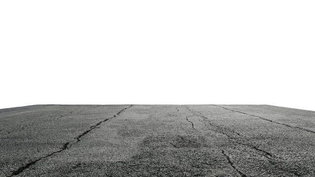 Fototapeta A low-angle, monochrome shot of a cracked asphalt surface extending to a dark horizon.  The texture is rough, showing significant wear and tear, with subtle variations in grayscale. 