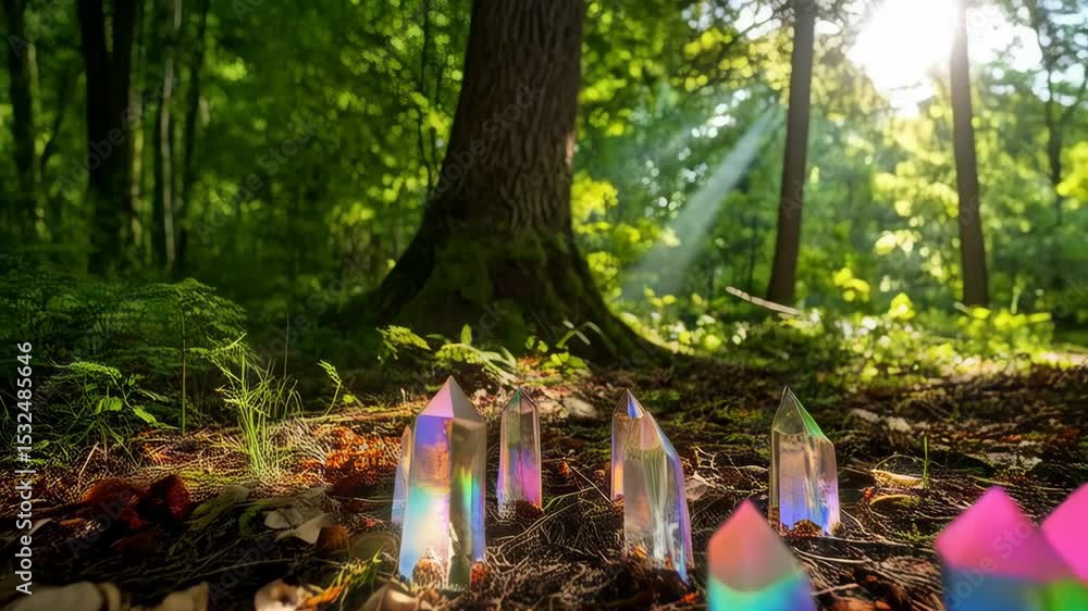 Poster several iridescent crystal points arranged on a forest floor with sunlight filtering through the tre