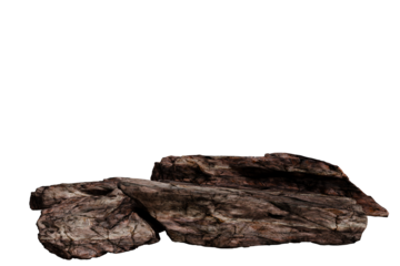 Two dark brown, irregularly shaped rocks rest.  The larger rock is elongated and rests atop a smaller, more compact rock.  Both exhibit a rough, textured surface with visible cracks and crevices