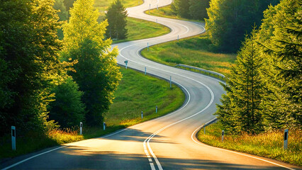 Peaceful Road Surrounded by Nature,Empty Road Winding Through Nature