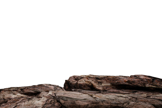A low-angle, close-up shot of a rugged, dark-brown rock formation against a pure. The rocks are textured, showing varied shades and subtle crevices. 