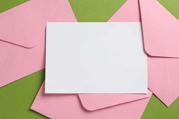 Blank invitation card and envelopes on green background, flat lay. Space for design