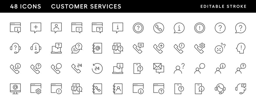 Customer service icon collection. Support, help, contact, faqs, business service, customer care, info, call center, assistant, help chat and more. Editable stroke. Pixel perfect. Grid base 32 x 32.