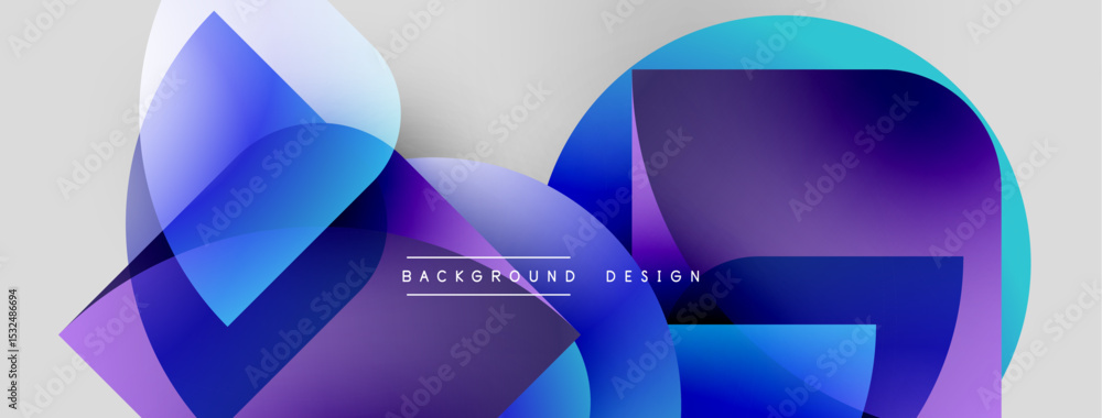 Poster Abstract shapes overlap, creating vibrant blue, purple gradients. Modern design elements suggest dynamic visual experience.