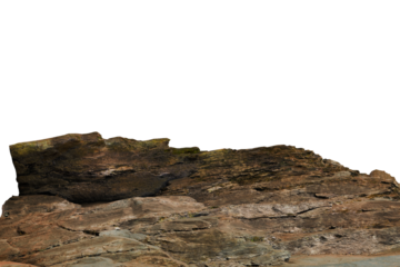 A detailed close-up reveals a rugged, predominantly brown and gray, with subtle hints of green lichen or moss in crevices. The irregular silhouette against a black background emphasizes its uneven