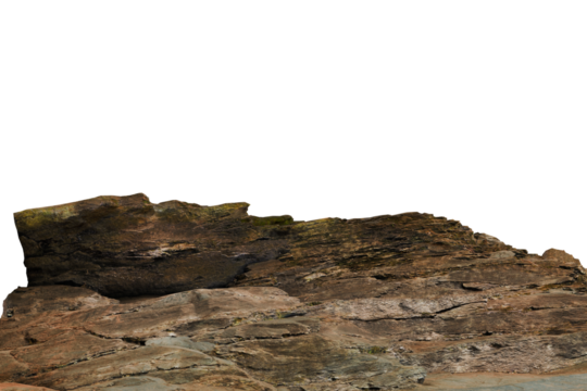 A detailed close-up reveals a rugged, predominantly brown and gray, with subtle hints of green lichen or moss in crevices. The irregular silhouette against a black background emphasizes its uneven