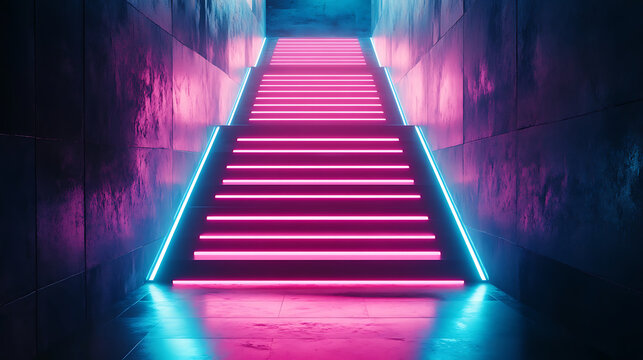 Neon Lit Stairway Ascent A Futuristic Tunnel with Vibrant Pink and Cyan Lighting Illuminating the Path Ahead stairway, Background, AI generated