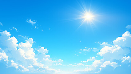 輝く太陽と白い雲が広がる夏の青空 - 希望と成功のイメージ背景