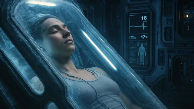Cryogenic chamber cocoons astronaut in blue mist, cryogenic chamber echoes future clinic hum, sensors trace life inside cryogenic chamber dream. Concept interstellar medical tech.