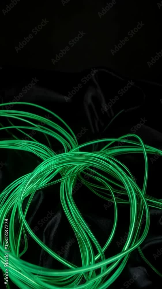 Poster tangled vibrant green el wire resting on textured dark fabric creating a striking studio still life 