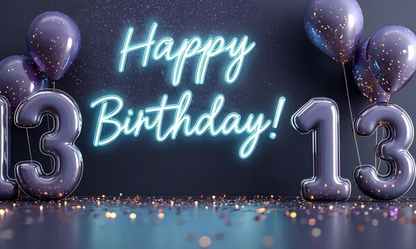 Colorful birthday decorations with purple balloons and large number 13. Neon text reads 'Happy Birthday!' against a dark background.