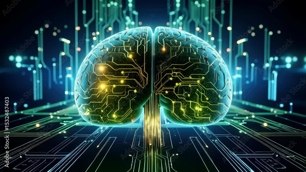 Poster digital brain integrated with glowing circuit board with connections symbolizing artificial intellig