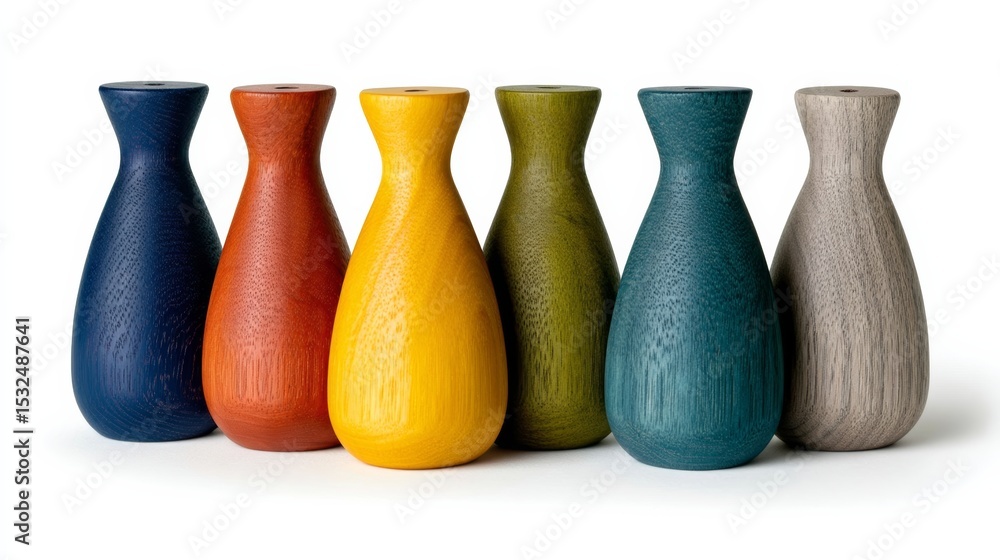 Poster row of vases with different colors and sizes. the vases are made of wood and are arranged in a row. 