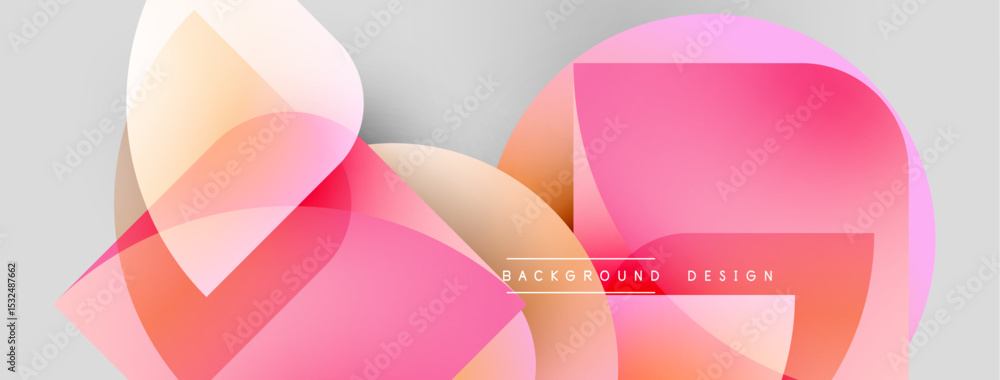 Poster abstract shapes overlap, creating vibrant pink, orange gradients. light gray background provides sub
