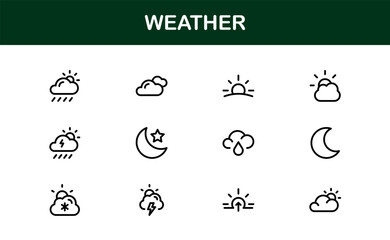 Premium weather icons collection including minimal line art for sun, cloud, rain, snow, and storm concepts