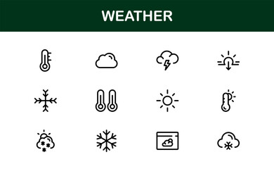 Premium weather icons collection including minimal line art for sun, cloud, rain, snow, and storm concepts