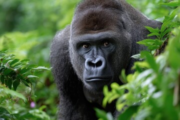 Majestic gorilla gazing among lush greenery in its natural habitat during daylight hours