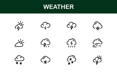 Premium weather icons collection including minimal line art for sun, cloud, rain, snow, and storm concepts
