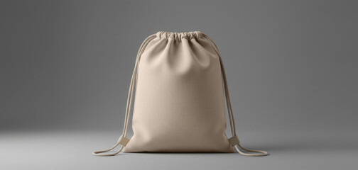 Natural beige cotton canvas burlap drawstring backpack standing full upright on neutral background. Clean mockup minimal promo eco branding, handmade product packaging, reusable packsack bag concept