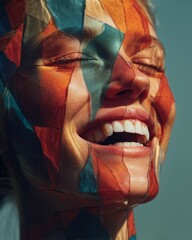 Joyful Woman with Abstract Face Art