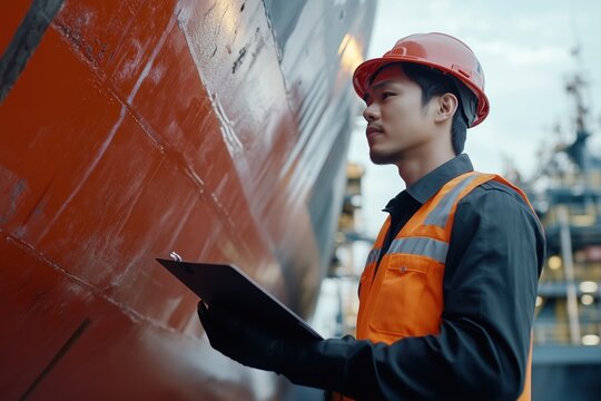 A male engineer is conducting a thorough examination of a LNG storage vessel to guarantee the security and effectiveness of the storage procedure.