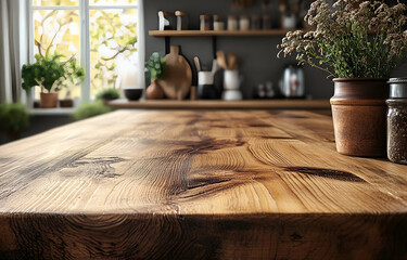 Rustic Kitchen Tabletop: Warm, inviting rustic kitchen countertop with wood grain texture,  pottery, and herbs in the background, suggesting a cozy and inviting atmosphere.
