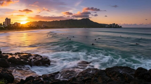 Epic Sunrise Surfing Scene with Ocean Waves and Beach at Dawn