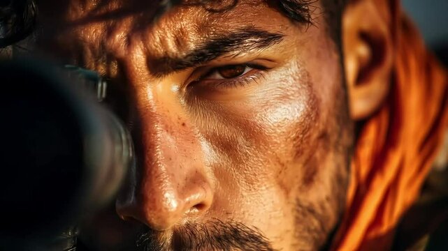 A soldier intensely focused through the scope of a rifle, set against a blurred desert background