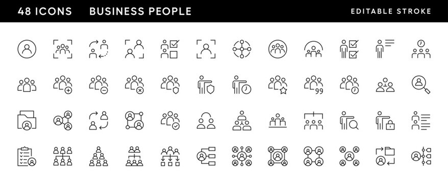 Icons. Business people icon set. Community, networking, teamwork, business group, customer, employee, workgroup and more. Editable stroke. Pixel Perfect. Grid base 32 x 32.