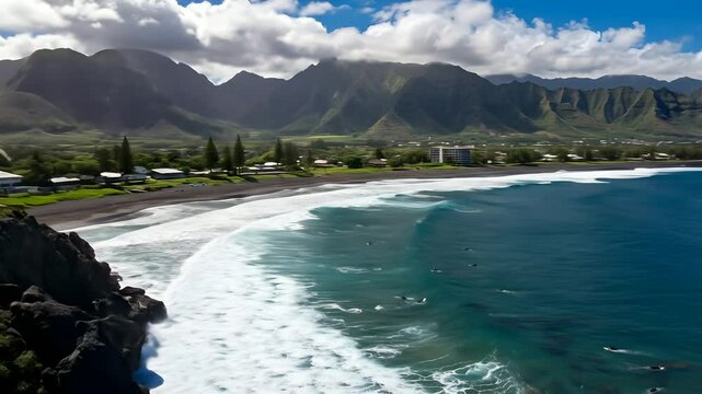 Surfing Paradise with Ocean Waves Crashing on Tropical Beach at Sunrise