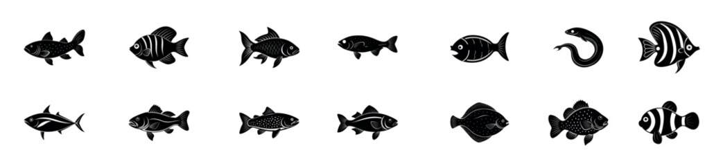 Fish icon and silhouette.Fish Icons Set. Marine and Aquatic Species.Fish icon set, Vector illustration