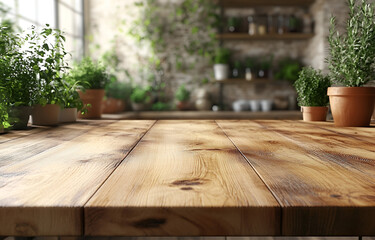 Old wooden table and chairs in an empty garden room with a plant near the window