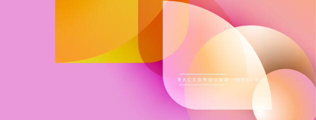 Abstract shapes overlap, creating vibrant color gradients. Pink background complements orange, yellow hues. Modern design element.