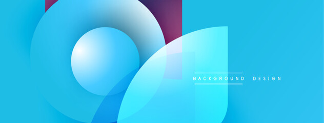 Abstract blue design features overlapping circles, squares. Gradient shades create depth, modern aesthetic. Minimalist composition, vibrant colors.