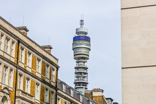 BT Tower in London Rising Above City Architecture. London, UK, 14 April 2024