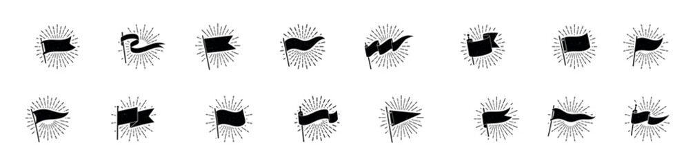 Flag silhouette banner vintage star burst flags ripped banners signs grunge retro pennant isolated. Flag logo. Black waving retro flag emblem, vintage simple banner shape. Vector illustration