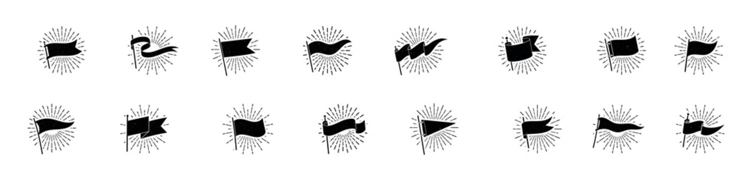 Flag silhouette banner vintage star burst flags ripped banners signs grunge retro pennant isolated. Flag logo. Black waving retro flag emblem, vintage simple banner shape. Vector illustration