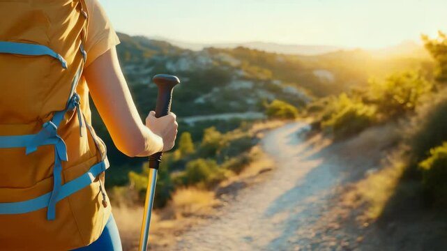 Adventurous hiker trekking scenic mountain trail at sunset