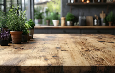 Interior wooden table and chairs in an empty living room with a plant by the window