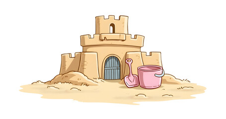 Charming sandcastle sits ready for joyful playtime at summer beach