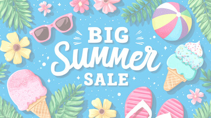 夏のトロピカルアイテムと「BIG SUMMER SALE」の手書き風イラストバナー