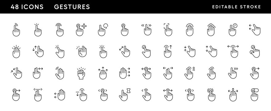 Gesture icon collection. Hand gesture, touch, finger interaction, swipe, slide, finger pointer, tap and more. Editable stroke. Pixel Perfect. Grid base 32 x 32.