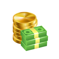 Gold coins and stacks with cash. Vector illustration isolated on white background.