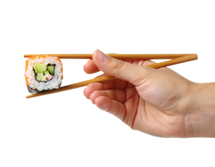 sushi roll held with chopsticks in hand isolated on transparent background